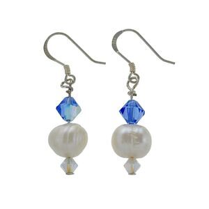 Vintage Sterling Silver 925 White Pearl Blue Crystal Beaded Dangle Earrings